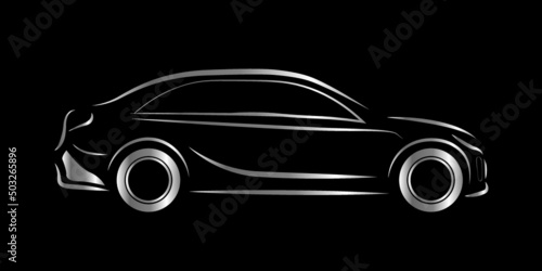 Modern car silhouette. Side view of supercar. Race car logo.