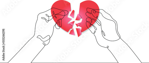 One continuous line.Broken heart. Unhappy love.Craft paper cut art illustration.Hand palm holding red heart. Human hands gesture. Heart cut out of paper.Unfortunate love