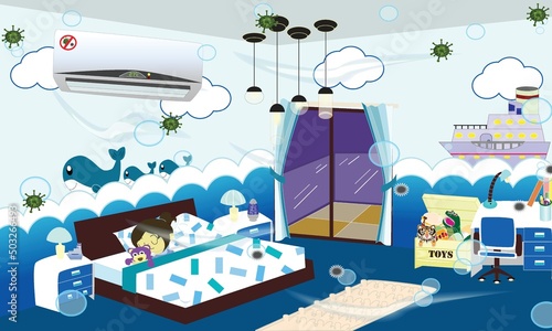 Little girl sleep to hug teddy bear in the bedroom was protected from virus with dust by air conditioner,bedtime of child with her toys,clean bedroom,air purifier in the room