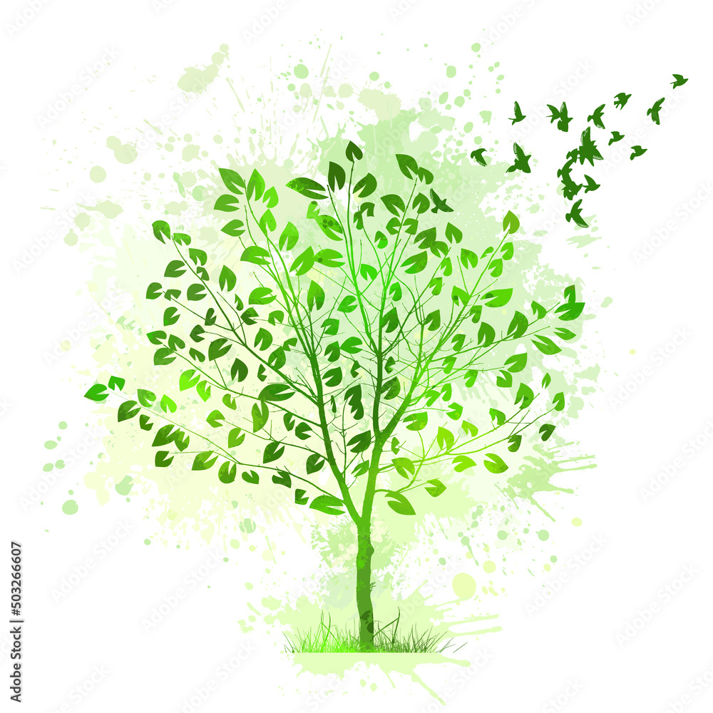 Green beautiful tree with flying birds. Vector silhouette of a tree.