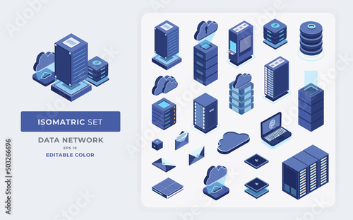 Data Network Isomatric set Illustration color editable Eps 10. Data infographic isometric set with data center and network elements vector illustration.