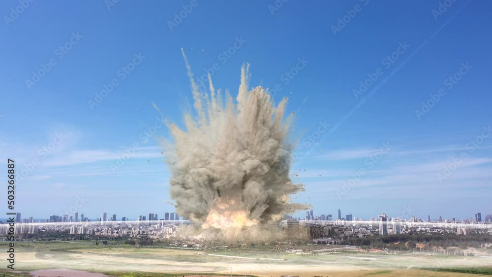 Asteroid or missile attack over city, aerial view, Tel aviv Drone view