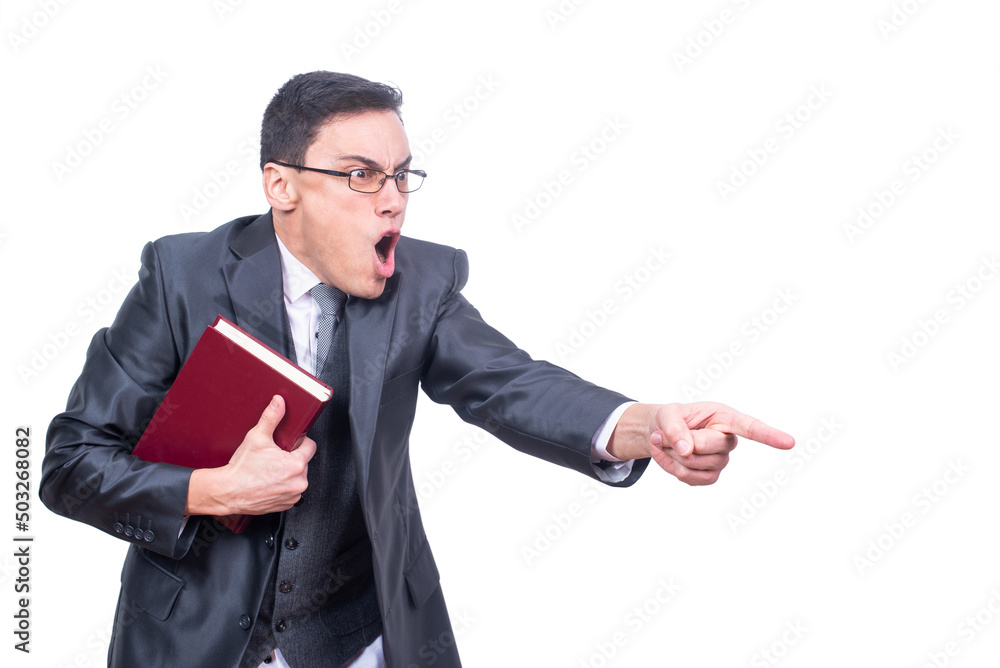 Angry teacher with book scolding in studio Angry teacher with book scolding in studio