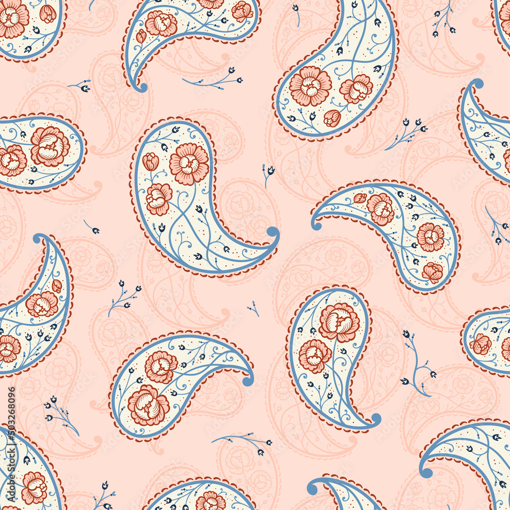 Fototapeta premium Paisley Bandana Ornament with Peony Flowers and Small Bluebells. Vintage Oriental Paisley Seamless Pattern. Vector Floral Pink Background. Great for Silk Neck Scarf, Headscarf, Kerchief