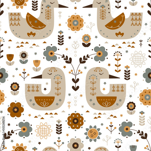 Scandinavian Goose and Duck with Floral Ornament Seamless Pattern. Earth Tone Background with Birds and Flowers. Nordic Traditional Cute ornament. Scandi style. Folk Art Design Vector illustration.