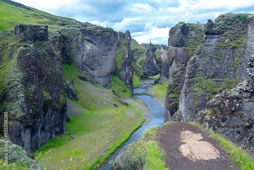 Scenic fjadrargljufur canyon in Iceland. Travel and tourism. Geology and nature.