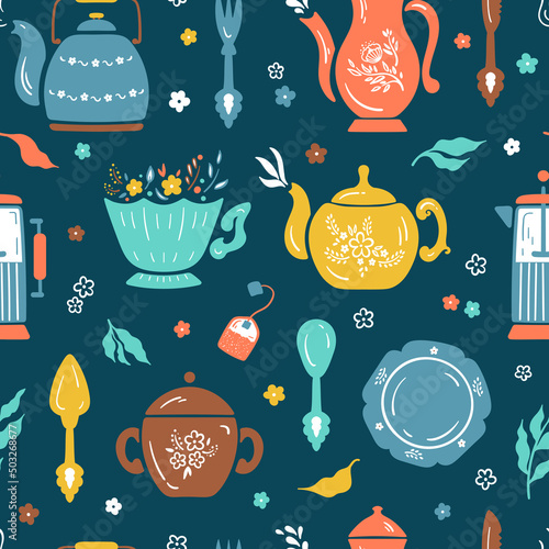 Tea Time. Kitchen Utensils. Seamless Pattern of Different Teapots. Breakfast Theme Colorful Vector Background.