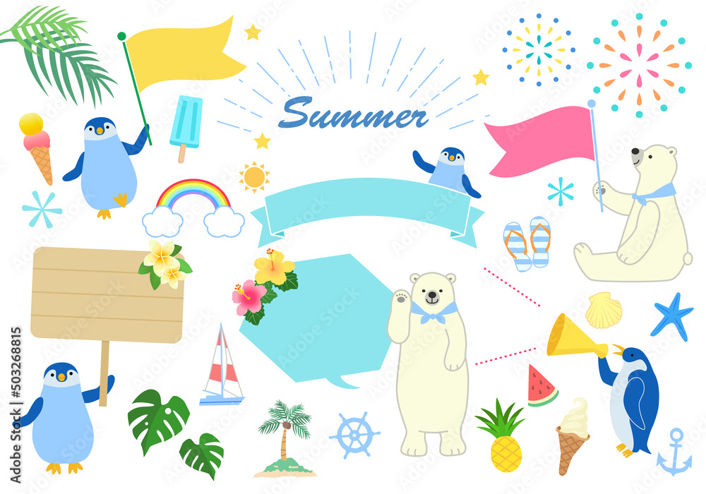 Fototapeta premium 夏のイラストフレームセット しろくまとペンギン