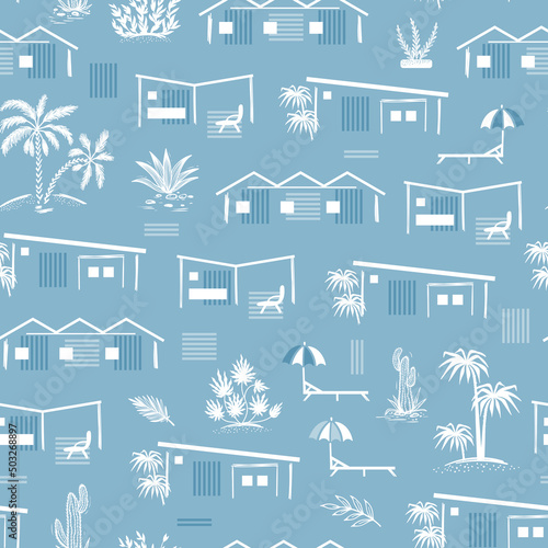 Summer Vacation Theme Vector Seamless Blue White Pattern. Seaside Holiday Homes, Beach Buildings, Palm Trees and Tropical plants.