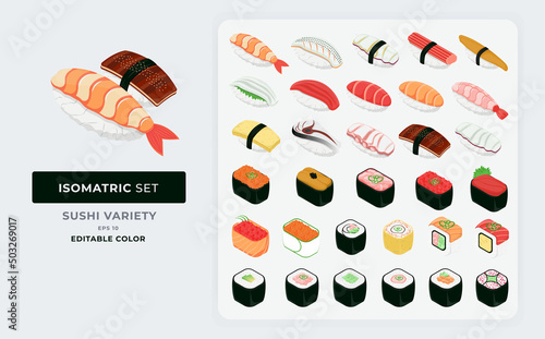 Japanese variety of sushi. Isomatric Set isolated color editable sushi and roll. Cute japanese food illustration Eps 10.