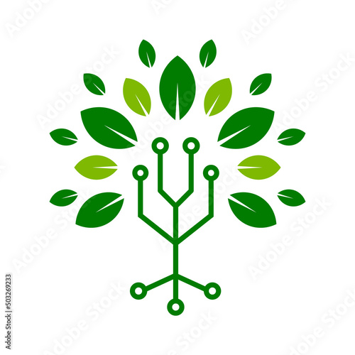 Green tech tree symbol. Circuit board elements with a leaves. Digital tree icon. Technology and nature connection. Environmental friendly innovation. Biotechnology. Vector illustration, flat, clip art