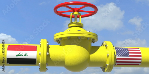 IRAQ USA oil or gas transportation concept, pipe with valve. 3D rendering