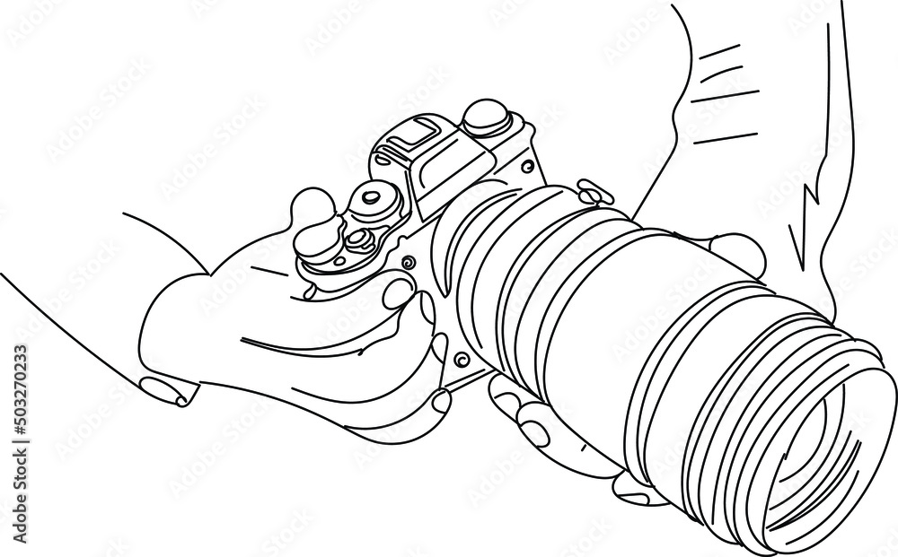 Outline sketch drawing of two hands holding zooming still photography ...
