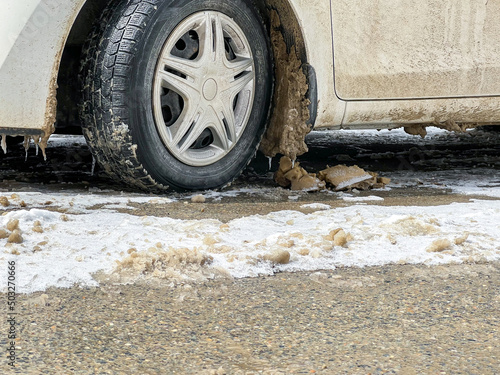 dirty snow on a car wheel.