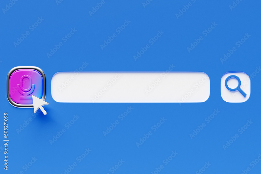 3d illustration, microphone button for audio search on the internet. Search bar design element on a blue background. Search bar for website 3d illustration, microphone button for audio search on the internet. Search bar design element on a blue background. Search bar for website
