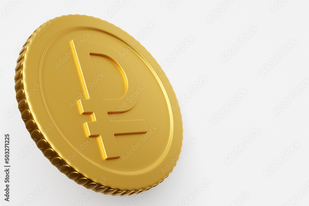 Obraz premium Golden coin with ruble sign isolated on white background. Income concept. 3D rendering.