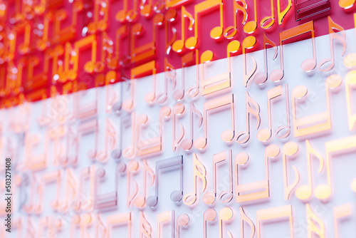 Musical notes lined up in even rows against the backdrop of the National Flag of Monaco.. The concept of the national anthem, music. 3D illustration