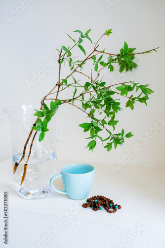 A blue cup, a branch with green leaves in a vase and beads. Meditation time. Attention to yourself.