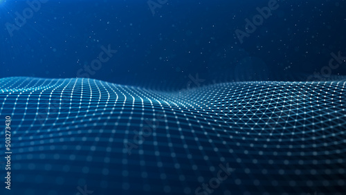 Futuristic blue wave of dots and lines. The concept of big data. Network connection. Cybernetics and technology. Abstract blue background. 3d rendering. © Valerii