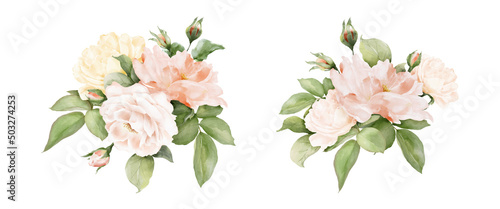 Fotografie, Obraz Set of rose flower decorative watercolor