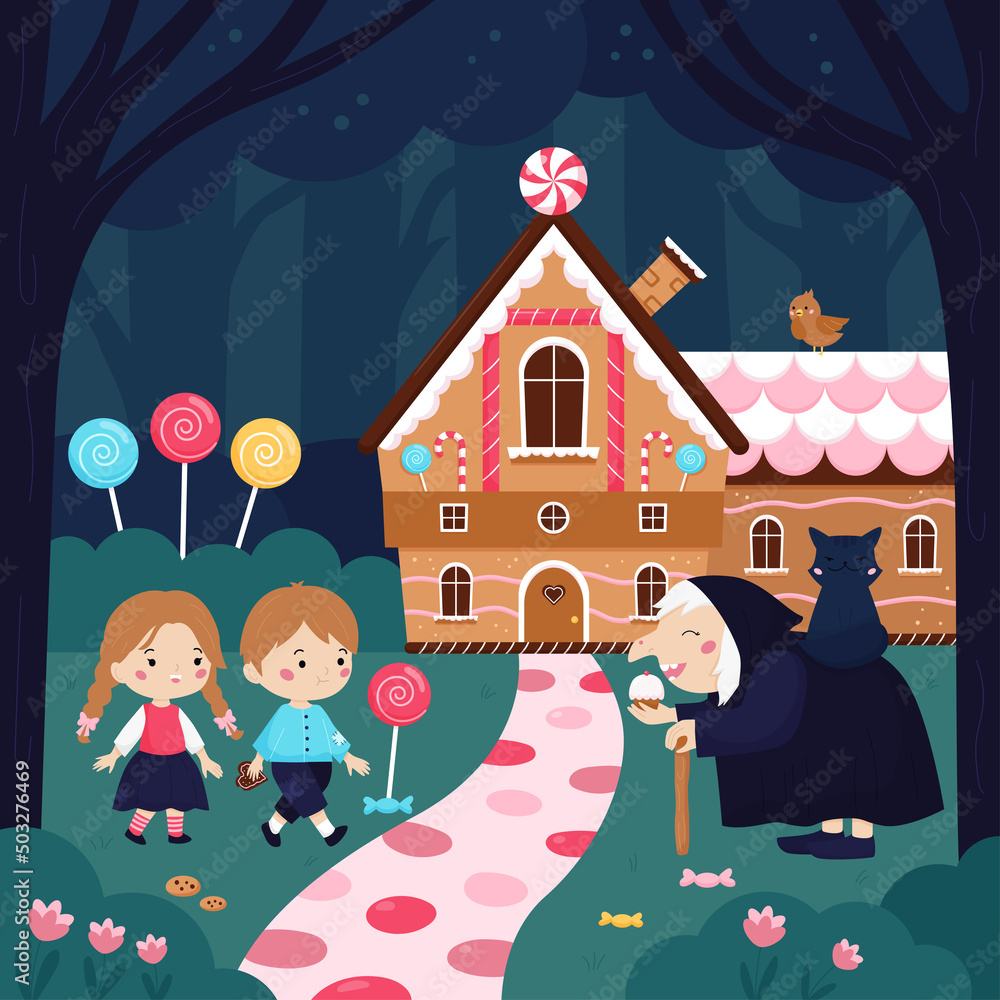 Cartoon Hansel and Gretel. Cute sweet house, funny witch with cat. Classic  fairy tale for children. Kawaii characters. Fantasy vector illustration.  Stock Vector | Adobe Stock