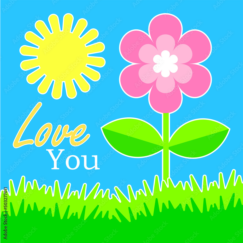 greeting card with green grass , pink flower and sun	