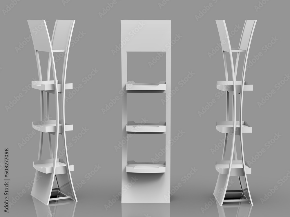 White Floor Display Rack For Supermarket. White POS POI Blank Empty Displays With Shelves Products On Bright Gray Background Isolated. 3D Illustration White Floor Display Rack For Supermarket. White POS POI Blank Empty Displays With Shelves Products On Bright Gray Background Isolated. 3D Illustration