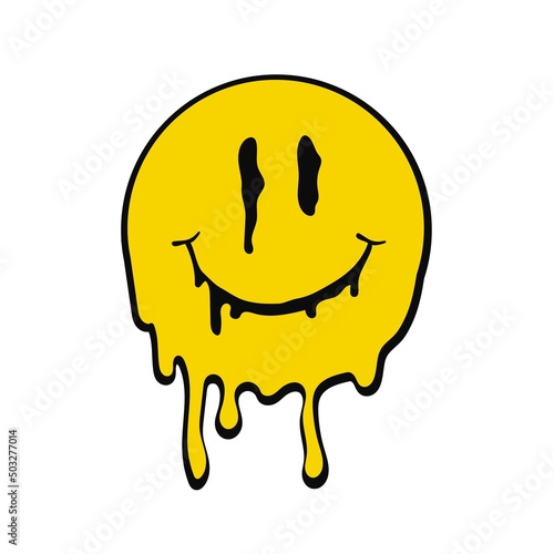 Melted smiling emotion. Positive yellow face spreading in drops with joyful smile melting with happiness and good vector mood photo