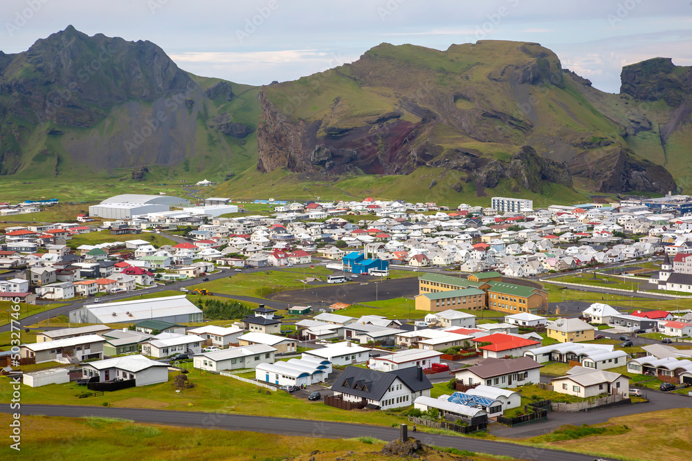 View of the houses and buildings on the Heimaey Island of the Vestmannaeyjar Archipelago. Iceland