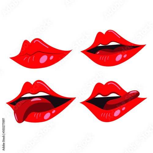 Red lips collection. Vector illustration of sexy woman s lips expressing different emotions  such as smile  kiss  half-open mouth  biting lip  lip licking  tongue out. Isolated on white.