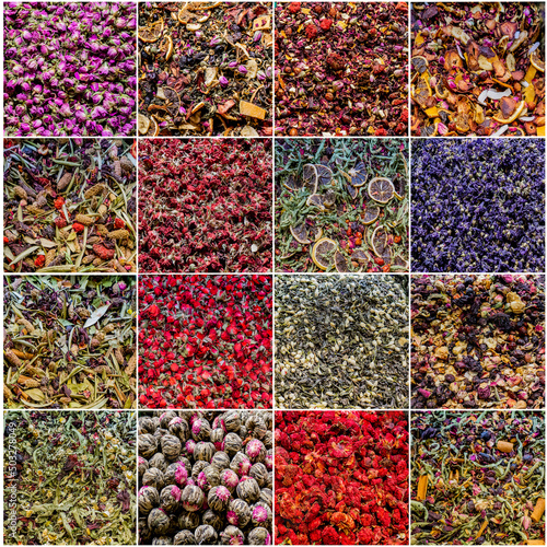 Collage of raw tea on the m...