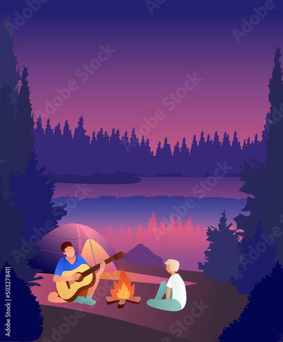 Summer camp, boy playing guitar. Friends near campfire with tent. Summertime vacation, camping, traveling, trip, hiking activities. Editable vector illustration