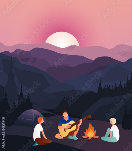 Summer camp, boy playing guitar. Friends near campfire with tent. Summertime vacation, camping, traveling, trip, hiking activities. Editable vector illustration