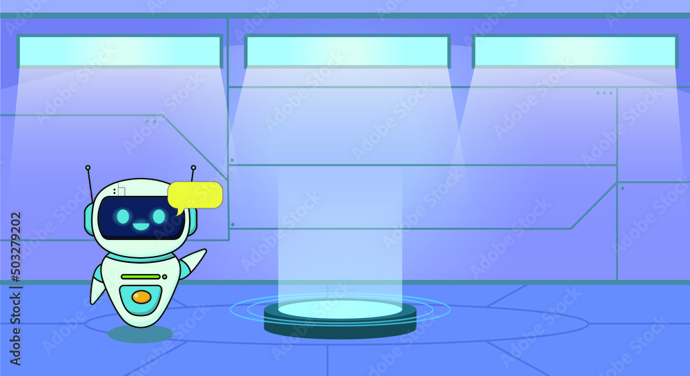 A cute robot with a futuristic background. Background for product or ...