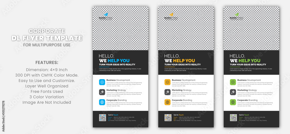 Modern Clean Simple Standard Corporate Business DL Flyer Rack Card Template Vector Minimal Design with Blue, Yellow, Green Color Modern Clean Simple Standard Corporate Business DL Flyer Rack Card Template Vector Minimal Design with Blue, Yellow, Green Color