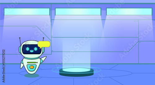 A cute robot with a futuristic background. Background for product or product presentation
