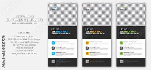 Modern Clean Simple Standard Corporate Business DL Flyer Rack Card Template Vector Minimal Design with Blue, Yellow, Green Color