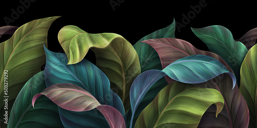 Tropical leaves in green, blue, pink bright color. Seamless border, luxury wallpaper, premium mural. Floral pattern on dark background. Hand-drawn 3d illustration. Modern stylish design, beautiful art