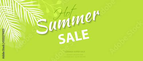 Horizontal banner with tropical leaves. Announcement of a new collection, discounts on it, summer sale. Vector