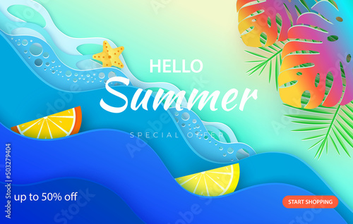 Sea waves and tropical leaves in paper art style. Poster with summer holidays in paper design. Vector