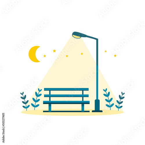 Blue wooden bench with glowing street lamp and moon star at public park garden in night time on white background flat vector design.