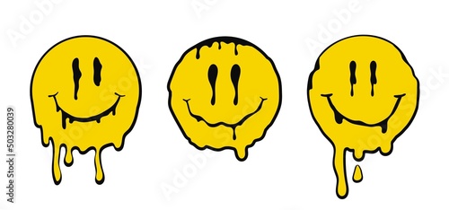 Melted smiling yellow emotions. Positive face spreading in drops with joyful smile melting with happiness and good vector mood