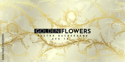 Golden floral abstract pattern. Luxurious golden linear ornament. Premium design for wallpapers, silk textiles and jewelry. Vector illustration.
