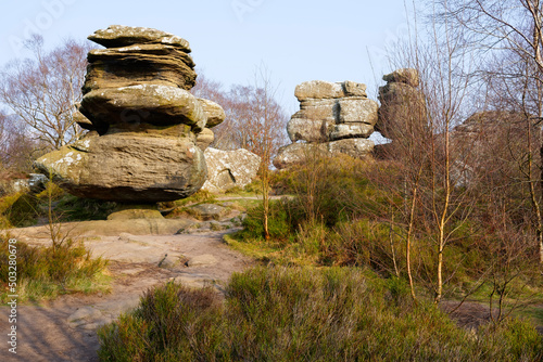 Group of eroded gritstone rocks at Brimham Rocks, Yorkshire. photo