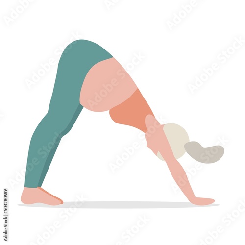 Pregnant Woman in Prenatal Yoga Pose Cartoon Illustration. Expecting girl exercising on Pilates mat in anticipation of childbirth.