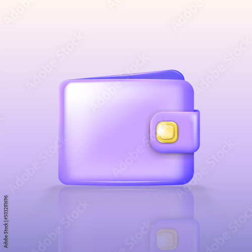 Cartoon three-dimensional glossy purple wallet with golden button. Closed billfold for cash, money (banknotes), coins, credit cards. Inflated 3d pocketbook