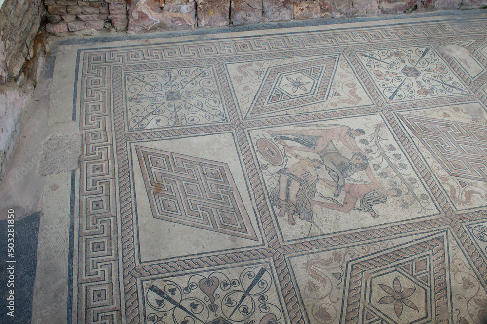 Ancient roman floor mosaic with mythological scene, called The Punishment of Dirce, found in Pula, Croatia