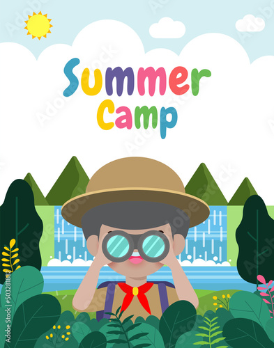 summer camp kids wear scout honor uniform banner template background education for advertising brochure poster, happy children doing activities on camping, flyer your text , flat Vector Illustration 