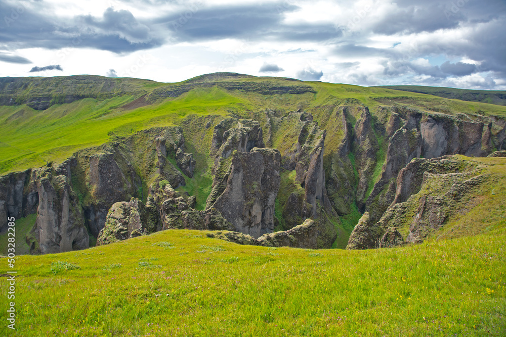 Scenic fjadrargljufur canyon in Iceland. Travel and tourism. Geology and nature.