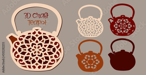 Teapot with an openwork pattern.Multilayered 3D craft of four layers
